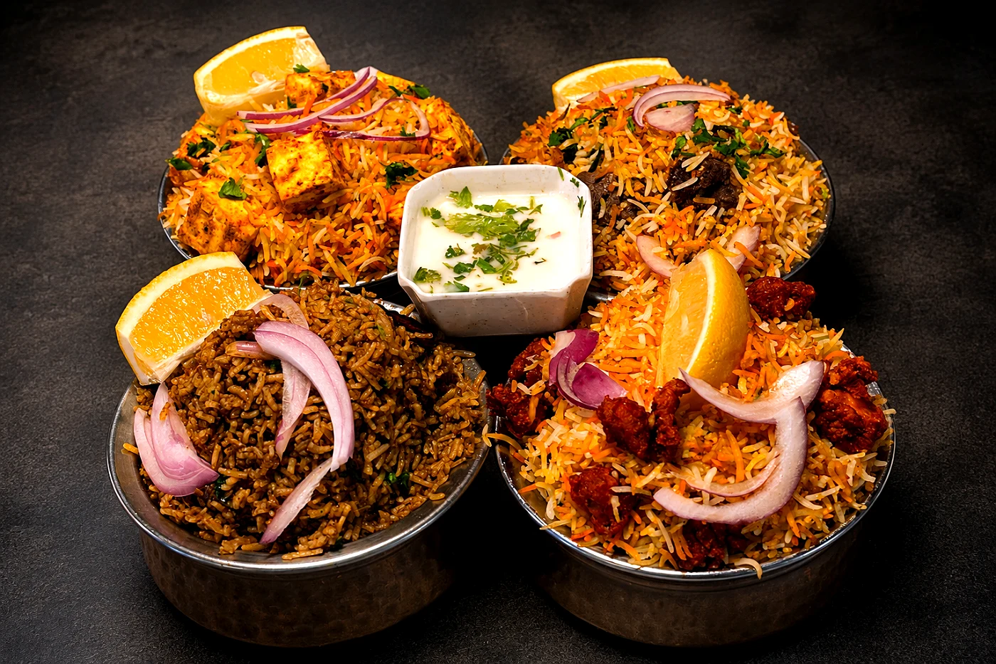 Dum biryani in steel handis with raita