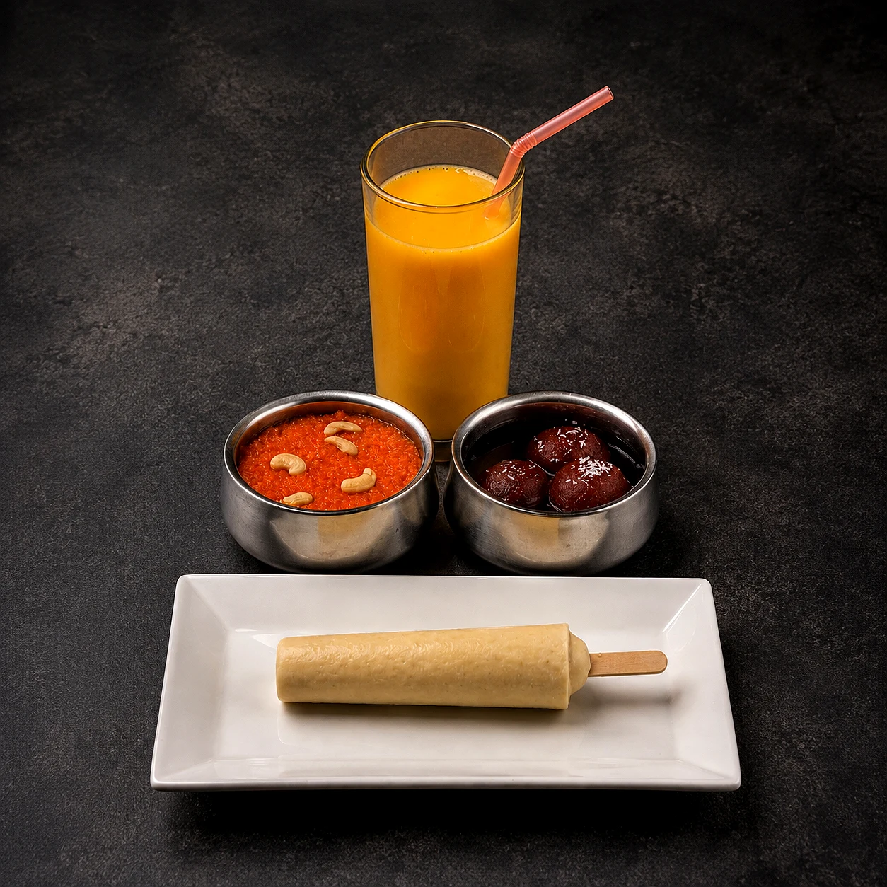 Gulab jamun, halwa, kulfi and mango lassi