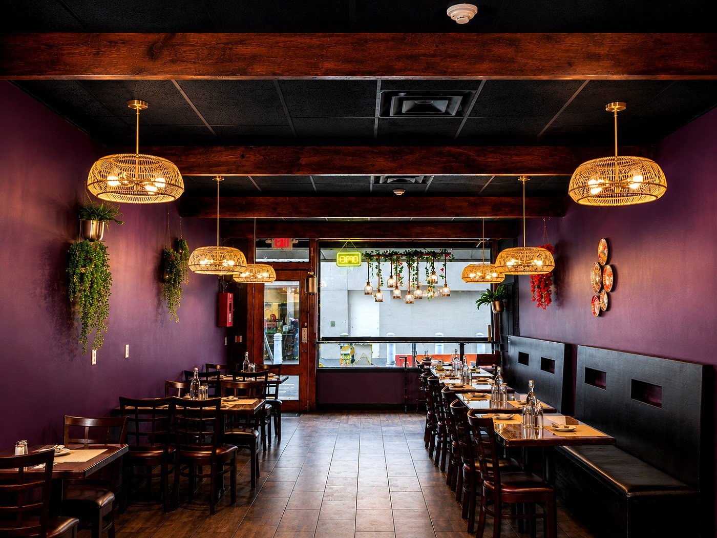Masala Cafe dining room with rattan pendant lights