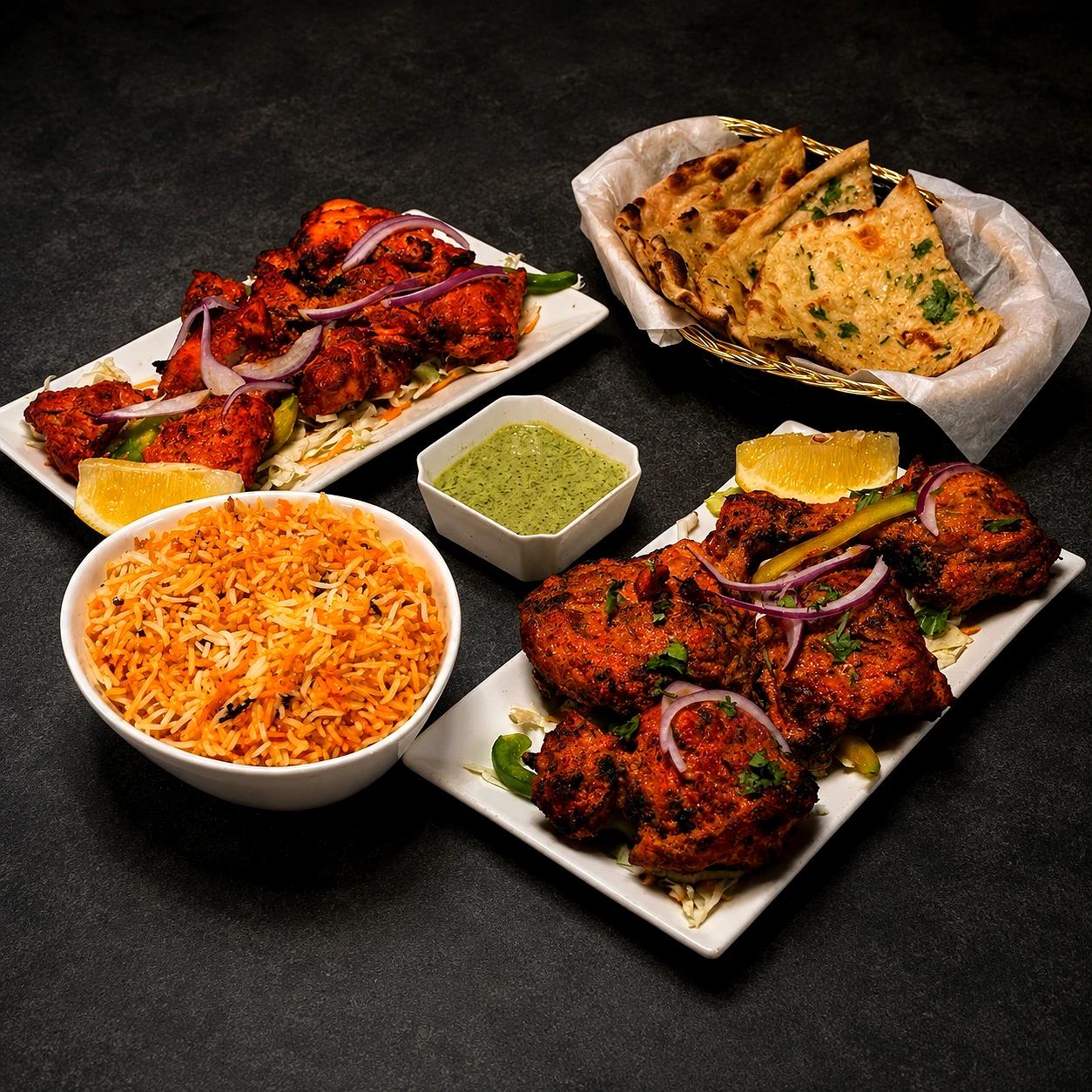 Tandoori kebab platter with rice and naan