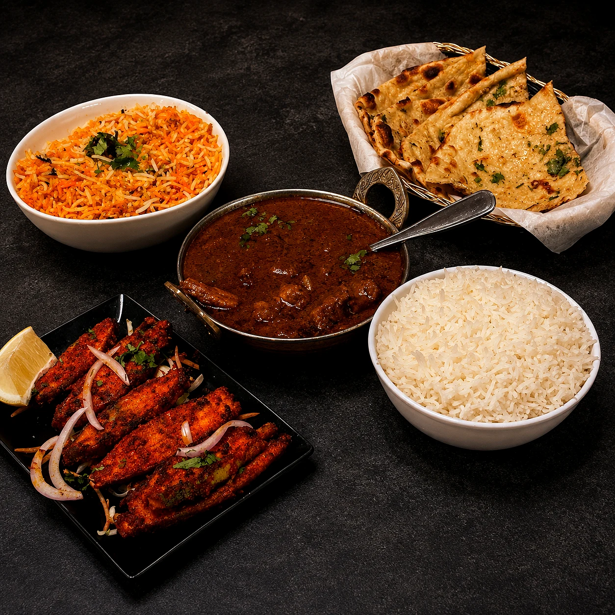 Fish fry with goat curry, rice and naan