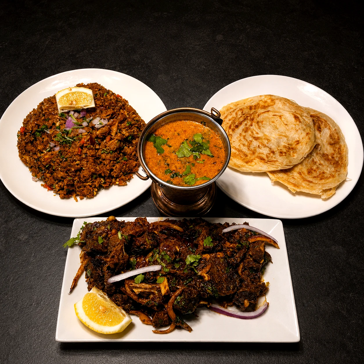 Kothu parotta with salna and pepper fry