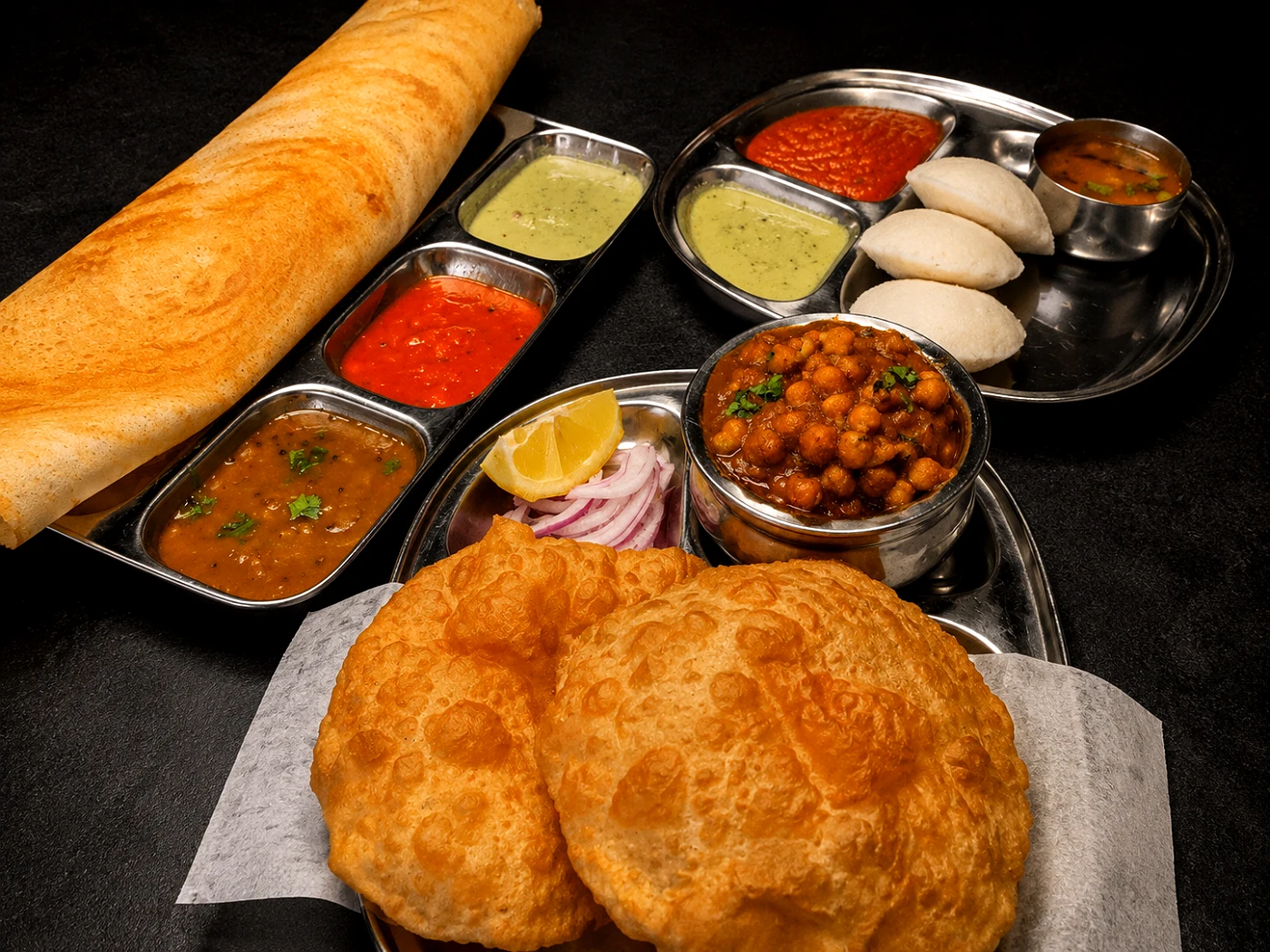 Masala dosa with chutneys and sambar