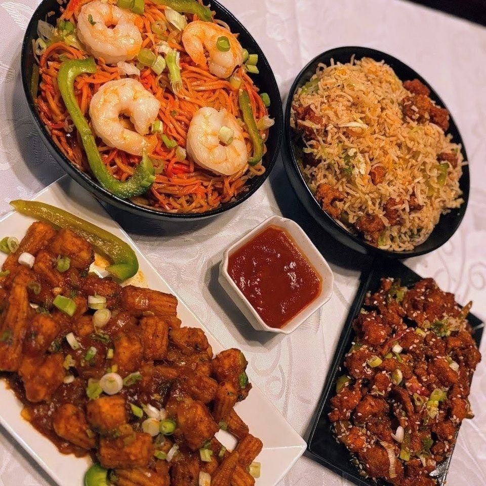 Shrimp hakka noodles, fried rice, chilli paneer and manchurian