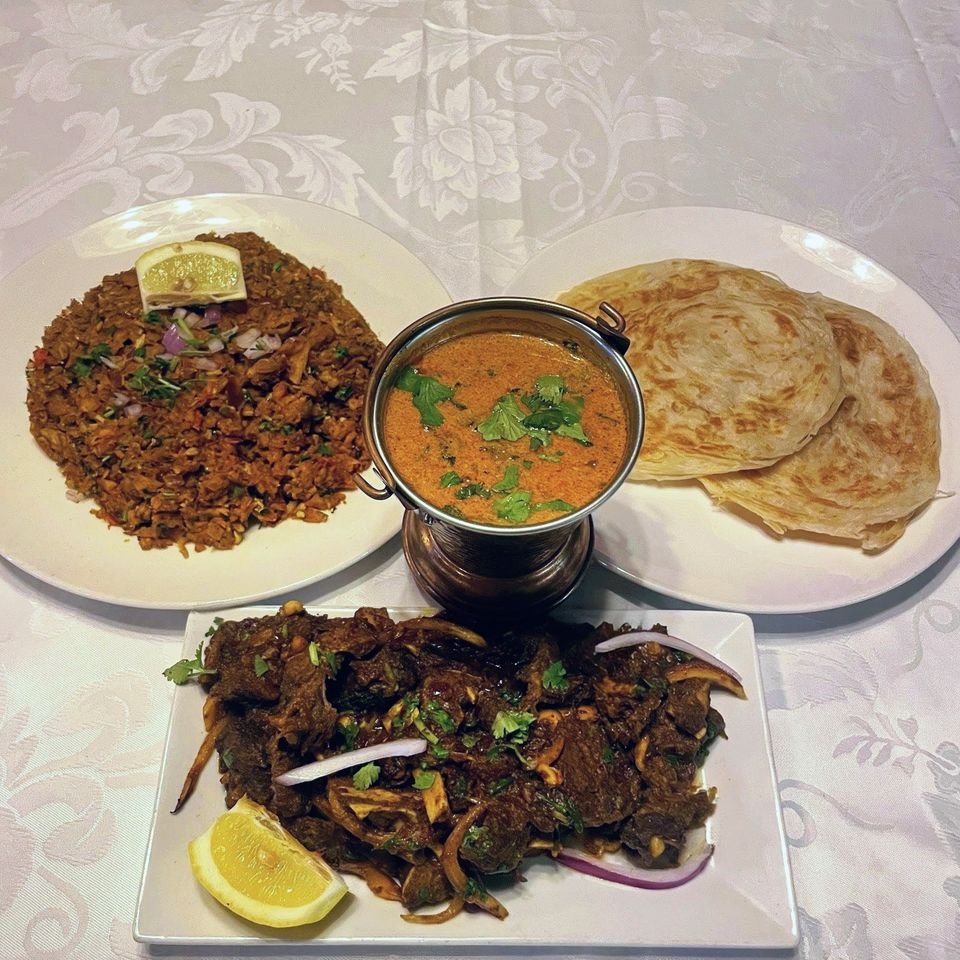 Kothu parotta, layered Kerala parotta, salna and lamb pepper fry