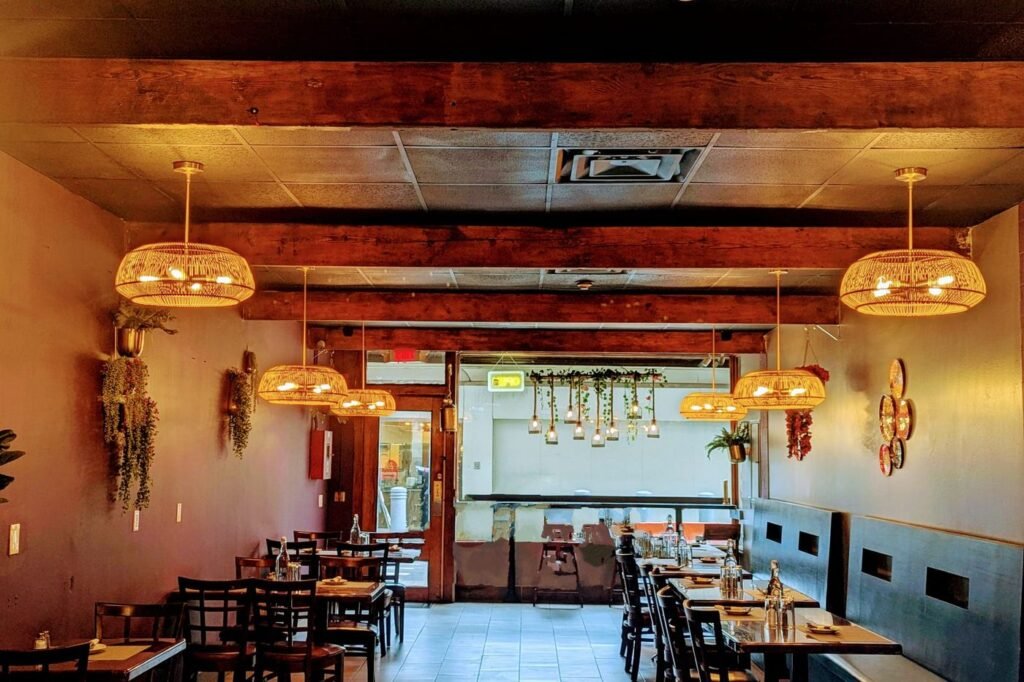 The dining room looking toward the front window and open counter