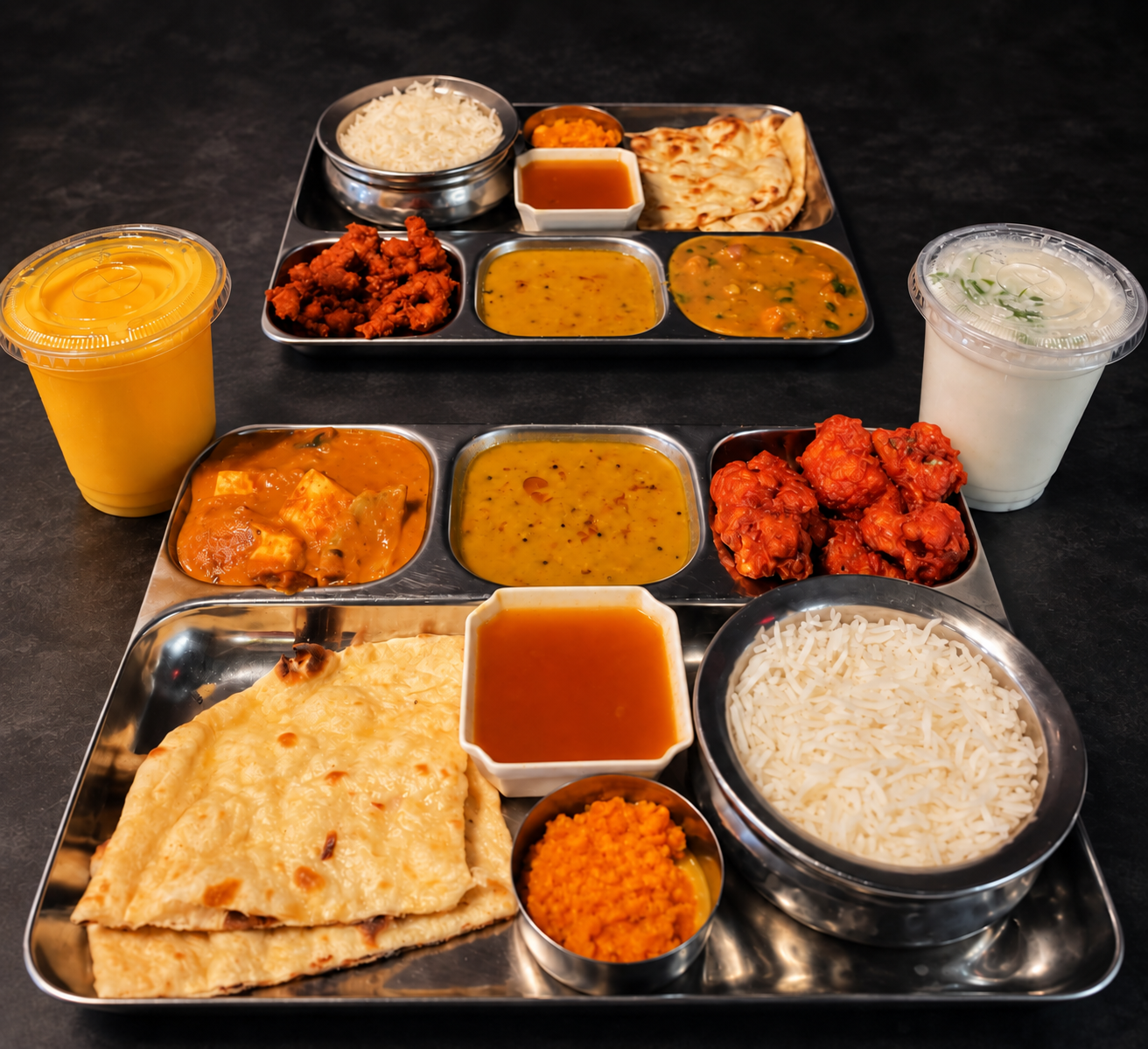 Lunch combo tray with curries, rice and naan